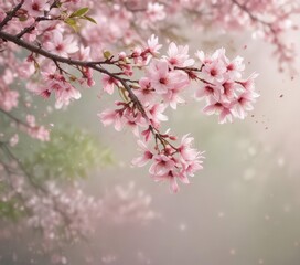Obraz premium Delicate pink sakura petals drift gently on a softly blurred spring background , blossom, floral background, soft
