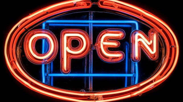 A bright neon sign displaying the word "OPEN" is shown in a minimalist, isolated setting.