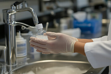 Person in lab coat rinsing bottle under faucet in laboratory setting with gloved hands visible
