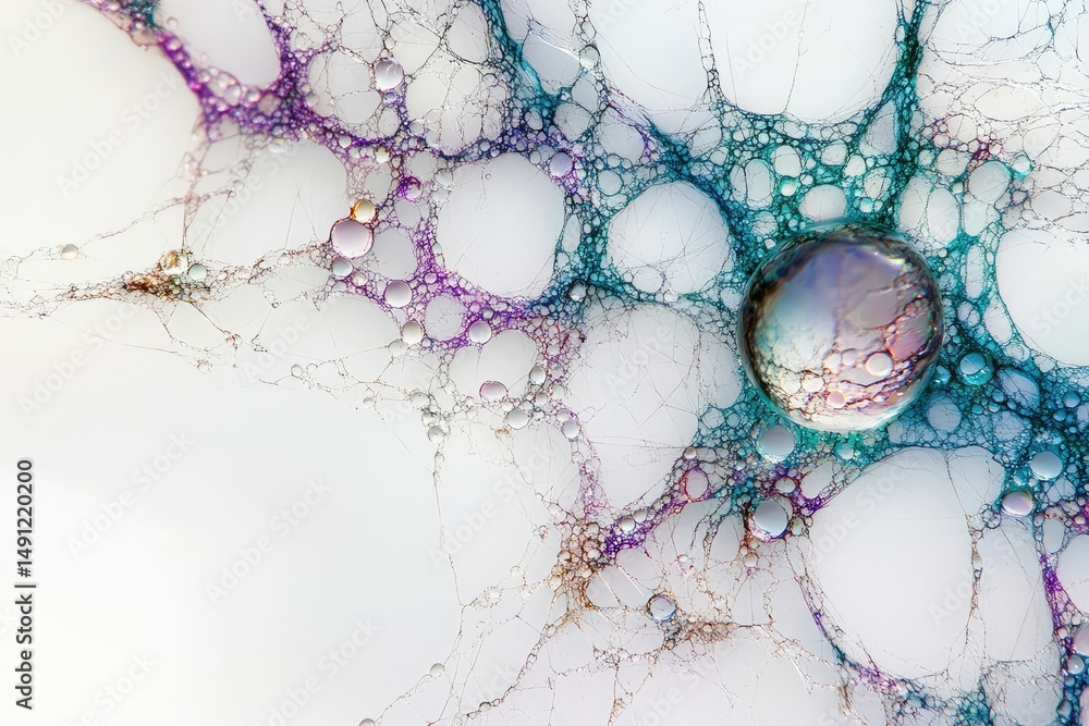 Wall mural intricate network of iridescent bubbles, forming a mesmerizing abstract pattern on a white backgroun