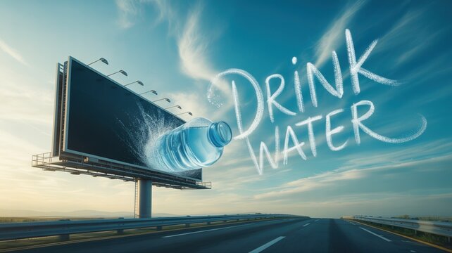 Large highway billboard featuring a creative advertisement promoting hydration, with a plastic water bottle splashing water and skywriting urging to drink water against a clear blue sky