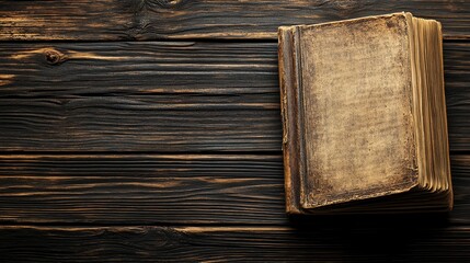 An old, dark book rests on a dark wooden table against a shadowy background.