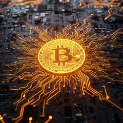 Glowing Bitcoin: Circuit Board Depth, 3D Render