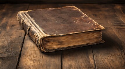 Obraz premium An antique book rests on a dark wooden table against a shadowy background.