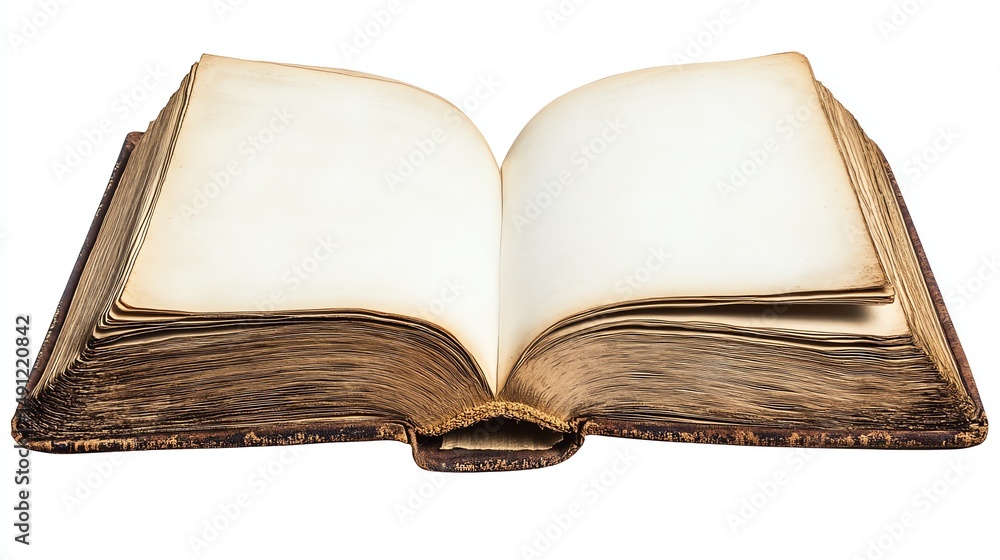 Poster an open book with blank pages is displayed prominently in the photograph.
