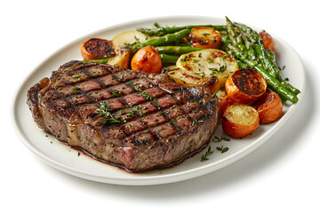A plate featuring a ribeye steak accompanied by asparagus and roasted potatoes and tomatoes on white