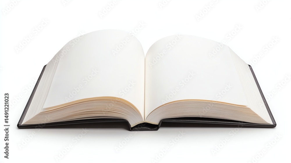 Poster an open book with blank pages sits prominently in the image.