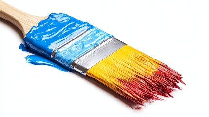 Fototapeta premium A paintbrush covered in vibrant, colorful paint rests on a white background.