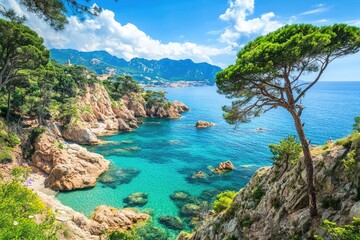Picturesque Mediterranean coastal scenery. Lush greenery, turquoise water, and rugged cliffs