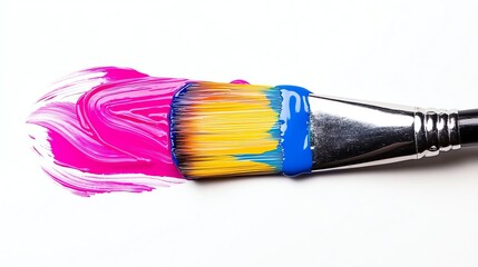 Fototapeta premium A paintbrush covered in vibrant, colorful paint rests on a white background.