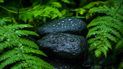 Two dark, wet stones nestled amongst vibrant green ferns, glistening with water droplets after a rainfall.
