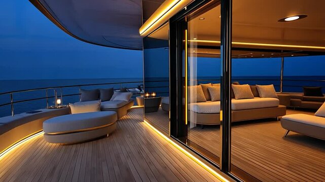Luxury yacht deck at dusk, illuminated by lights.