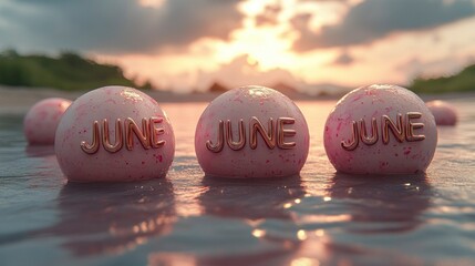 June Spheres at Sunset Pink Balls with Metallic Text Reflecting in Water Ideal for Seasonal a