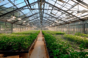 Fototapeta premium A greenhouse is bustling with healthy plants growing under bright sunlight. Rows of greenery stretch through the facility, symbolizing thriving agriculture and environmental care