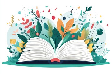 A vibrant display of flora surrounding an open book.