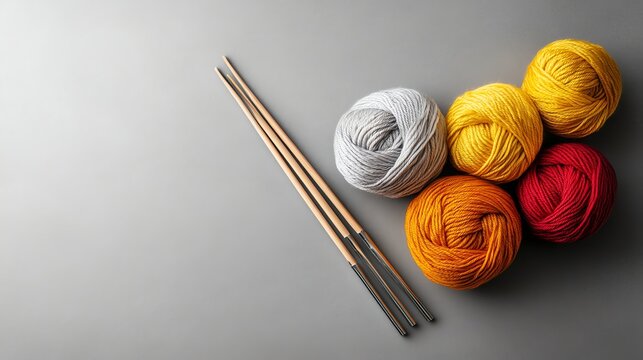 A pair of knitting needles and yarn are displayed on a gray background.