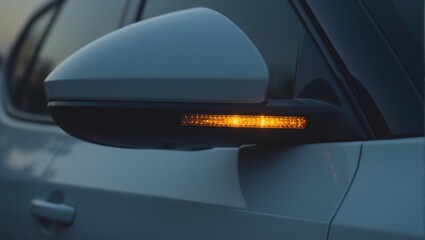 Stylish amber wing mirror turn signal on hybrid SUV exuding modern elegance with glossy finish Ideal for automotive concepts