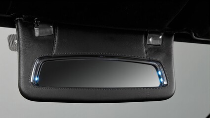 Luxurious sun visor mirror in a car framed in stitched leather and illuminated with LED lights Ideal for elegant automotive concepts