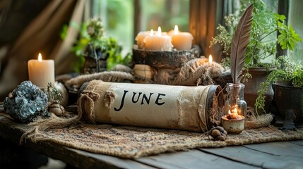 June Themed Rustic Table Decor with Candles Plants and Vintage Elements for Seasonal or Festi