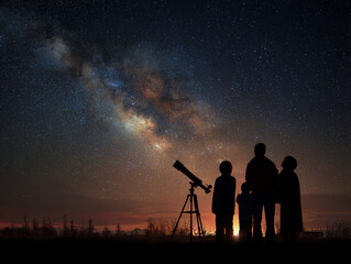 Stargazing Family Adventure: Kids Exploring the Milky Way in a Night Sky Silhouette