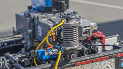 Obraz premium Close up of air brake actuator in vibrant colors showcasing industrial details on commercial truck trailer