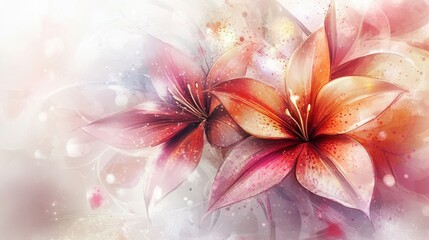 Vibrant Floral Artwork with Pink and Orange Lily Blossoms in Abstract Style