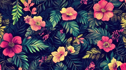 Vibrant Floral Pattern with Tropical Leaves and Colorful Flowers