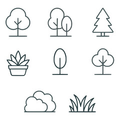 Set of simple line tree and plant icons featuring different tree types, bushes, shrubs, grass elements, all outlined in clean black lines. Concept of greenery, landscaping, environmental nature.
