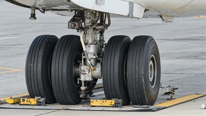 High quality close up of a commercial jets rubber landing gear tire showcasing detailed grooves and hydraulic lines above
