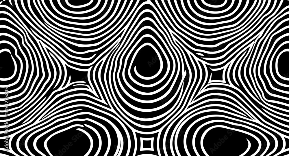 Poster Abstract black and white vector illustration with bold swirling lines and organic eye-shaped forms, creating a dynamic visual flow and a striking modern graphic pattern.