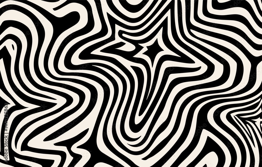Poster vector illustration features dynamic black and white wavy lines in an abstract, optical art style. i