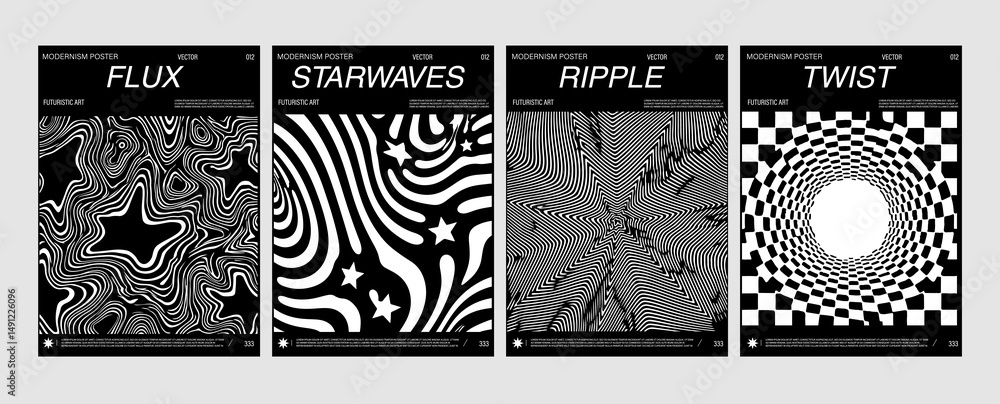 Poster set of four modern posters with black and white abstract line art, creating optical illusions, waves