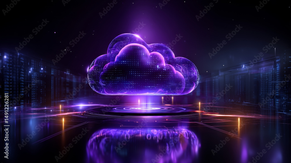 Poster 3d glass holographic purple cloud icon render. concept of digital data, cloud computing technology s
