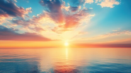 Fototapeta premium Serene Sunset Over Calm Ocean Waters with Colorful Sky Reflections