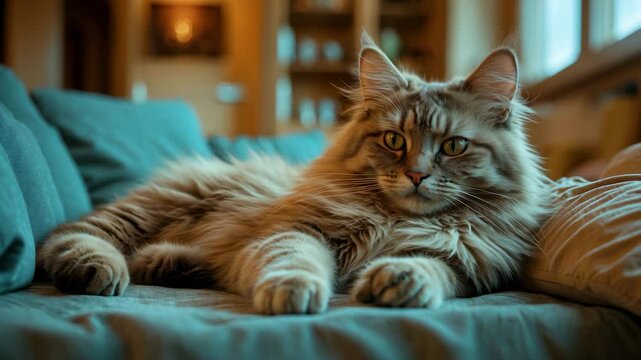 Sweet plush cat enjoys relaxation in the home