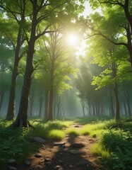 Fototapeta premium Dense young trees, bright green shoots, sunlight filtering through , twig, ecosystem
