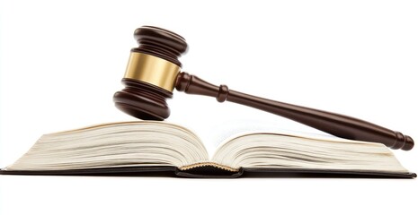 Open law book with a gavel resting atop.