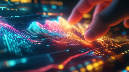 Hand interacts with vibrant, dynamic 3D data visualization on a digital screen, showcasing technological advancement and data analysis.