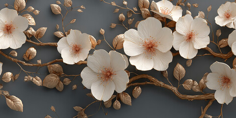 Creamy white flowers with gold leaves on a gray background, showcasing elegance and sophistication, ideal for luxurious design or decor