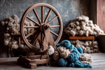 A wooden spinning wheel stands prominently as fibers are prepared for yarn creation. Background piles of wool enhance the workshop's handmade atmosphere and charm