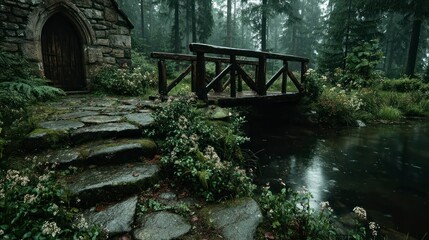 Enchanted Forest Pathway with Stone Bridge and Mossy Steps