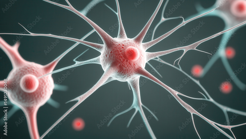Aufkleber 3d illustration of neural cells with interconnected dendrites on a dark background