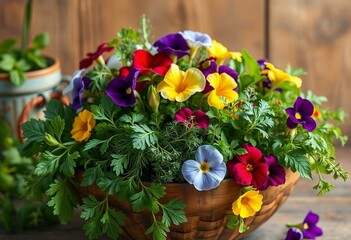 Obraz premium Seasonal herb and flower arrangement in a rustic wooden bowl