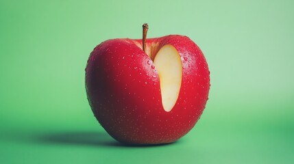 A vibrant red apple with a bite taken out sits on a green background.