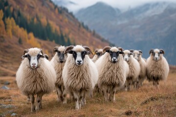 Fototapeta premium A group of fluffy sheep walks closely together across a grassy area surrounded by colorful autumn foliage and distant mountains under a cloudy sky
