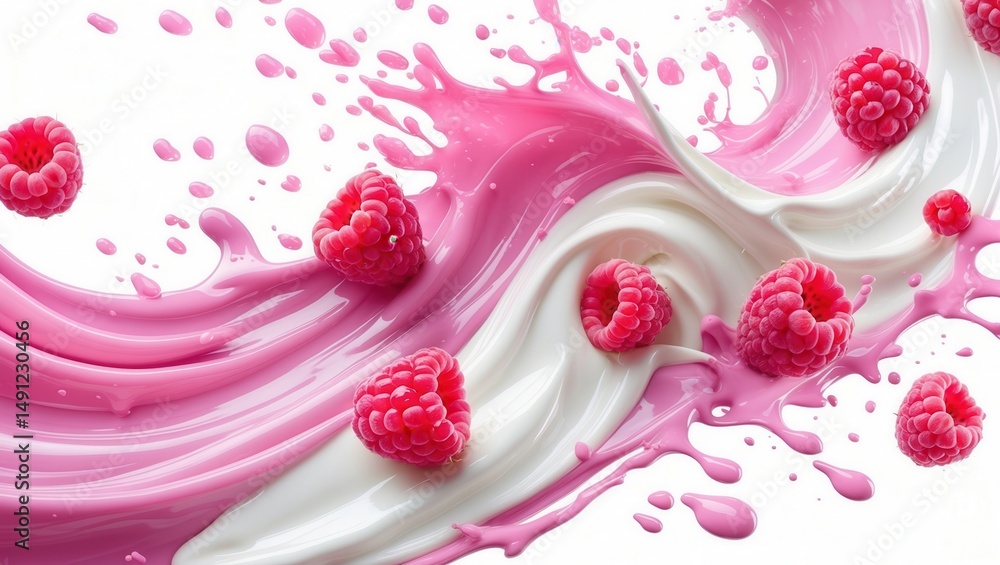 Poster fresh raspberries splashing in pink and white creamy liquid creating a dynamic swirl effect