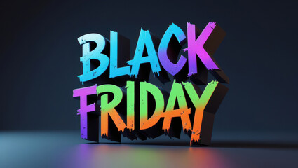 Colorful 3D Black Friday text on dark background with vibrant gradient effect