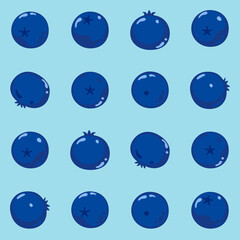 Seamless vector pattern with cute dark blue blueberries on a minimal, classic, retro, cute style. Various shapes and colors. Light blue background. Perfect for fabric design and packaging.
