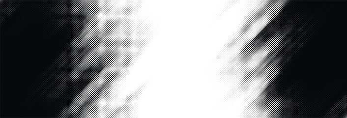 Vector halftone background with diagonal dotted graphic effect. Black and white dot fade design into white space. Tilted grainy stripe effect.