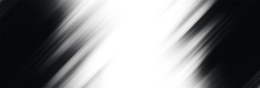Vector halftone background with diagonal dotted graphic effect. Black and white dot fade design into white space. Tilted grainy stripe effect.